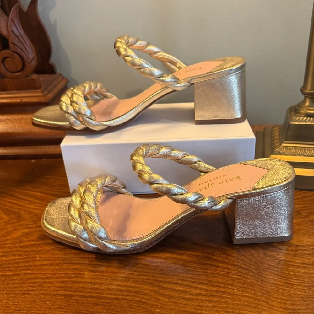 Kate Spade Nina Metallic Gold Leather Braided Block Heel Sandals Size 8 - Picture 5 of 11